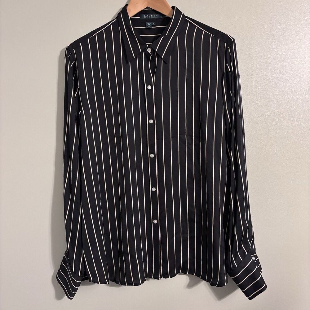 Lauren Ralph Lauren 100% Silk Striped Button Down Blouse Sz 16 Classic Academia